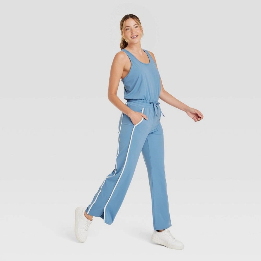JoyLab Piped Tank Jumpsuit Sleeveless Small Blue White Relaxed Fit - Picture 5 of 13